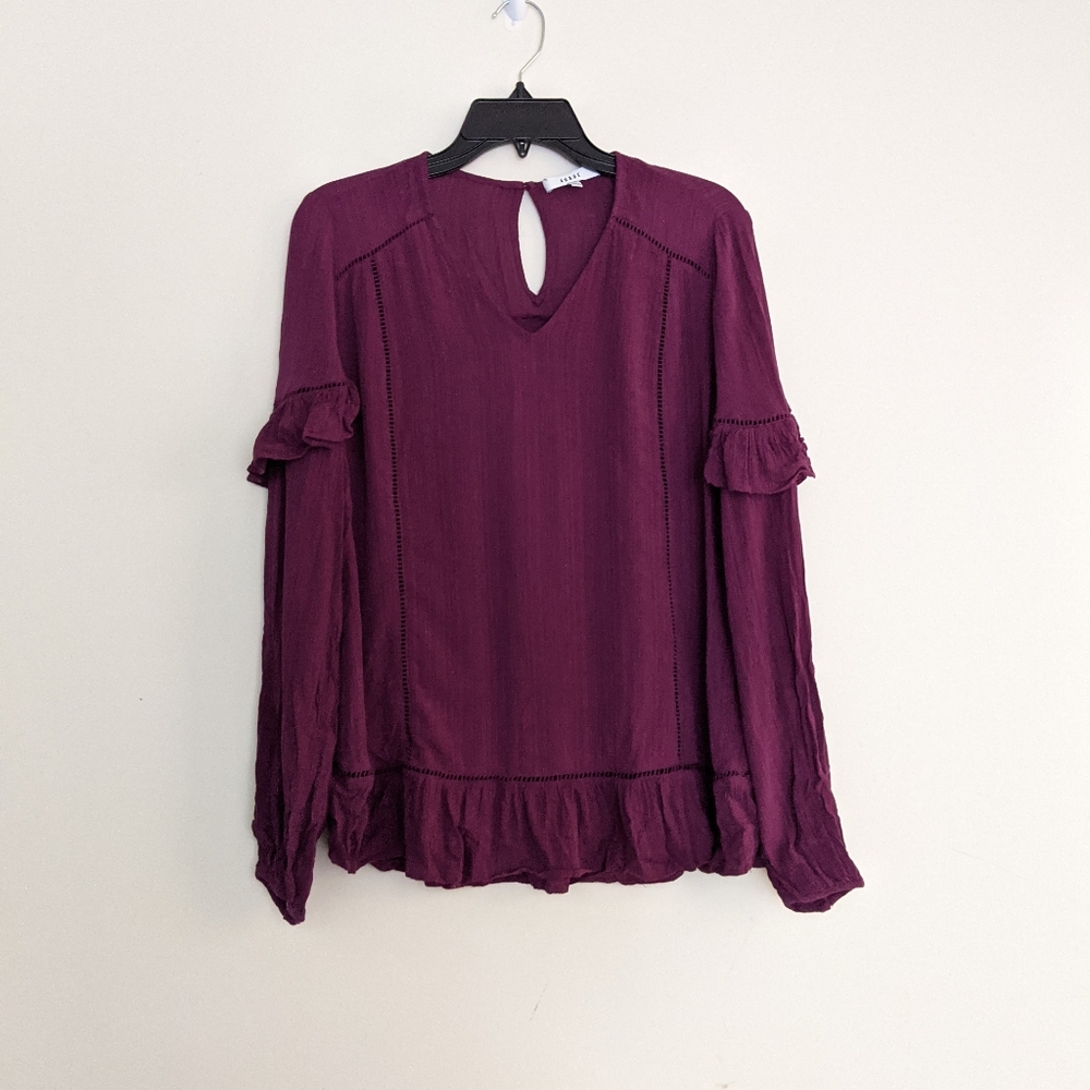 🌟 RO&DE Burgundy Ruffle V-neck Blouse Size Large